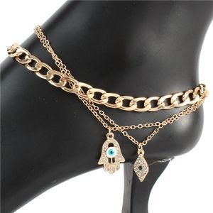 Gold Chain Hamsa Eye Pendant Layered Anklet Metal